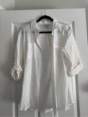 LOFT Cream Textured Blouse with Button Detail